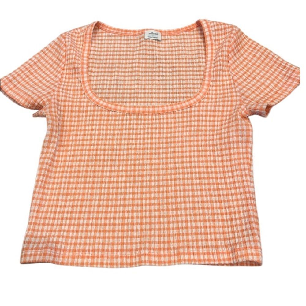 Aritzia Wilfred Yacht t-shirt in orange and white seersucker size small